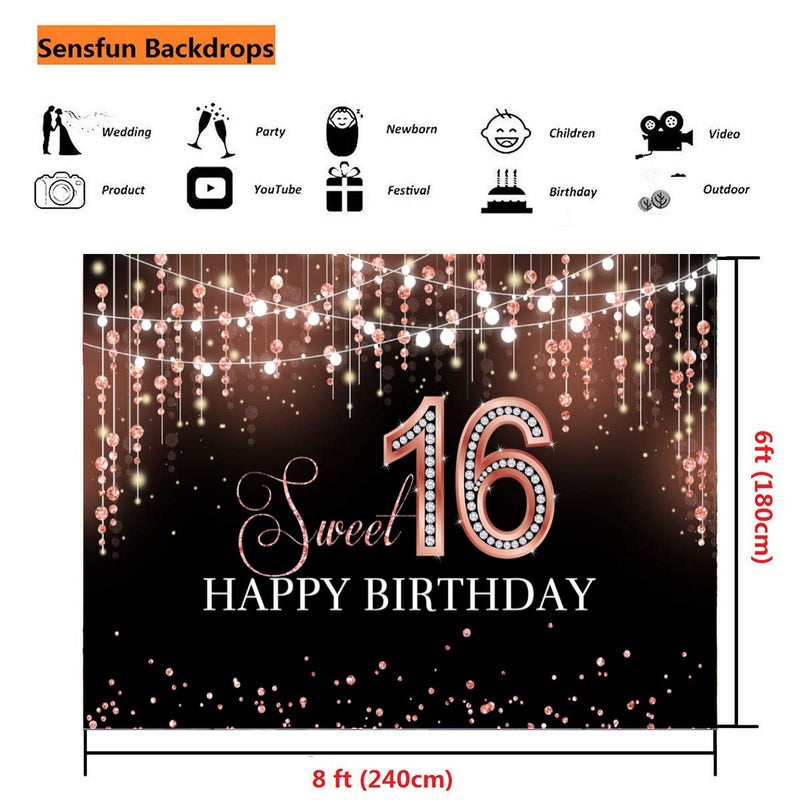 Sensfun Sweet 16 Birthday Party Backdrop Rose Gold Shiny Glitter Dots Diamond Princess Sweet Sixteen Photography Background for Girls Happy 16th Birthday Decorations Banner Photo Booth Backdrops 8x6ft - Image 4